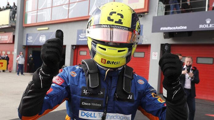 Lando Norris, McLaren MCL35M, 3rd position, celebrates in Parc Ferme