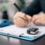 Firma del contratto di noleggio con chiavi dell’auto in primo piano.